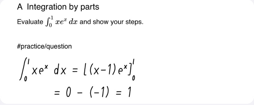 Full-card handwriting: integration by parts worked out under the question