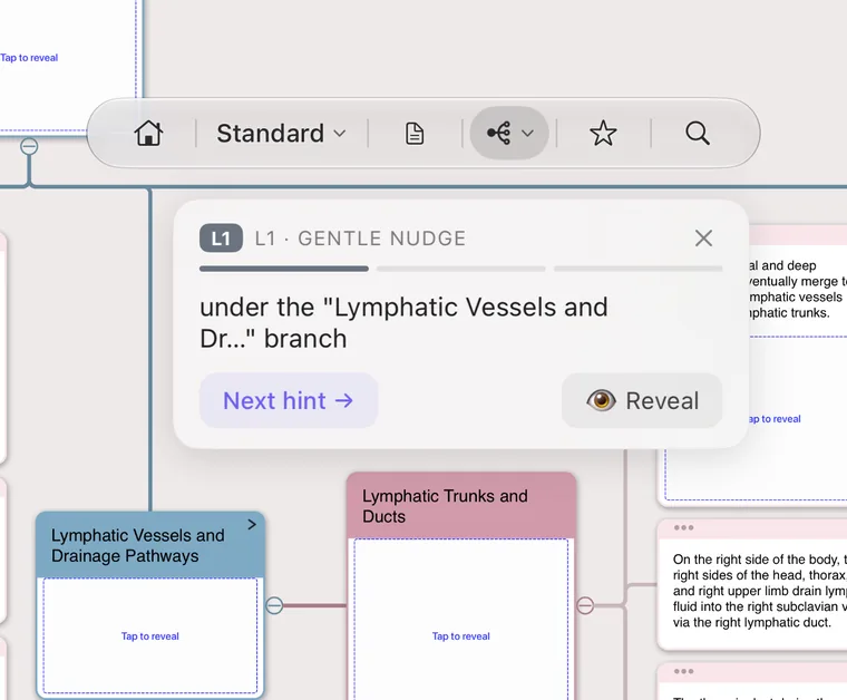 A hint card during Recall on iPhone: L1 Gentle nudge, with Next hint and Reveal