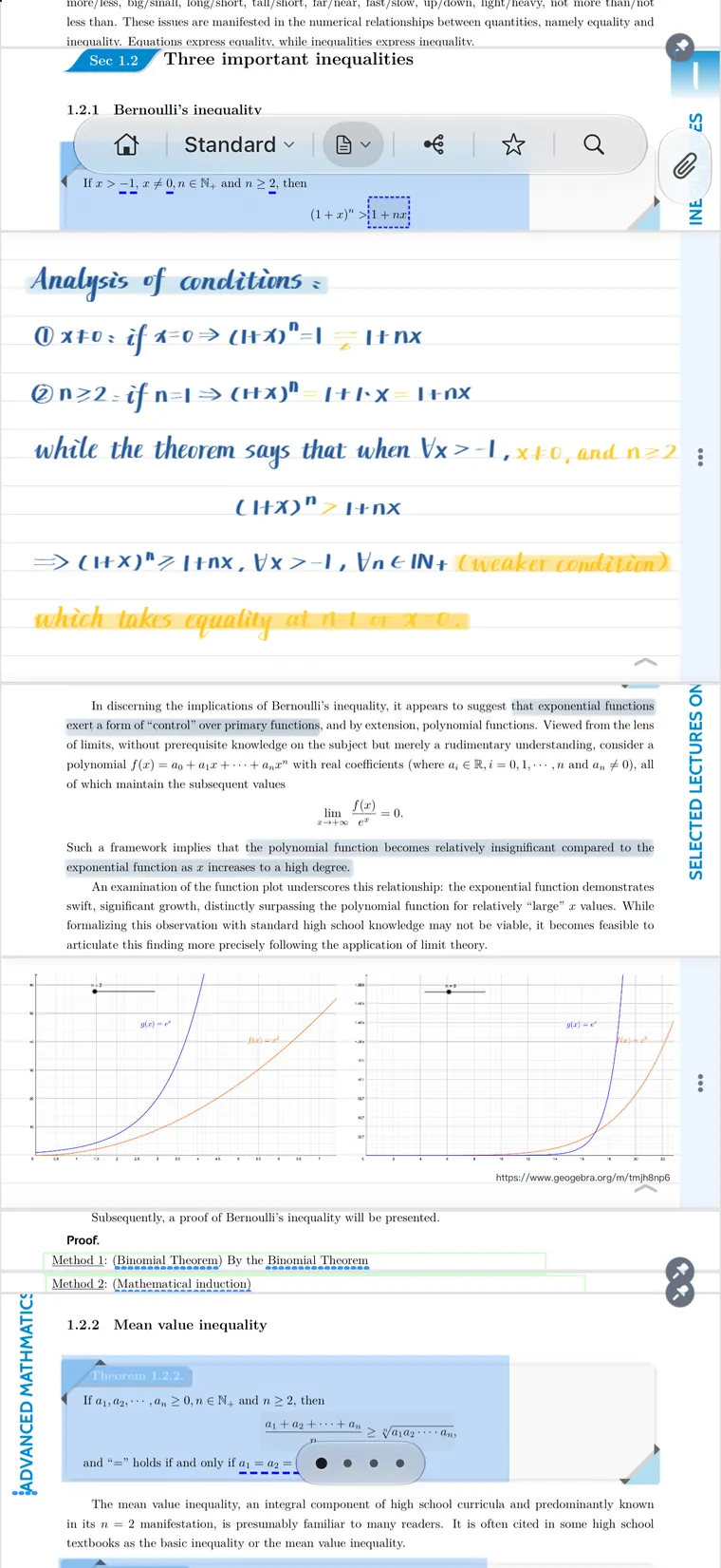 A math textbook on iPhone, with handwritten analysis and steps in the space below Bernoulli’s inequality