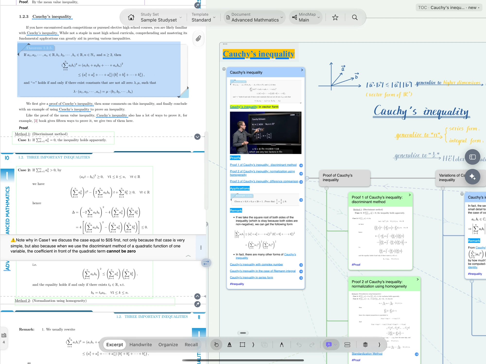 A real mathematics workspace with source text, video excerpts and handwritten notes
