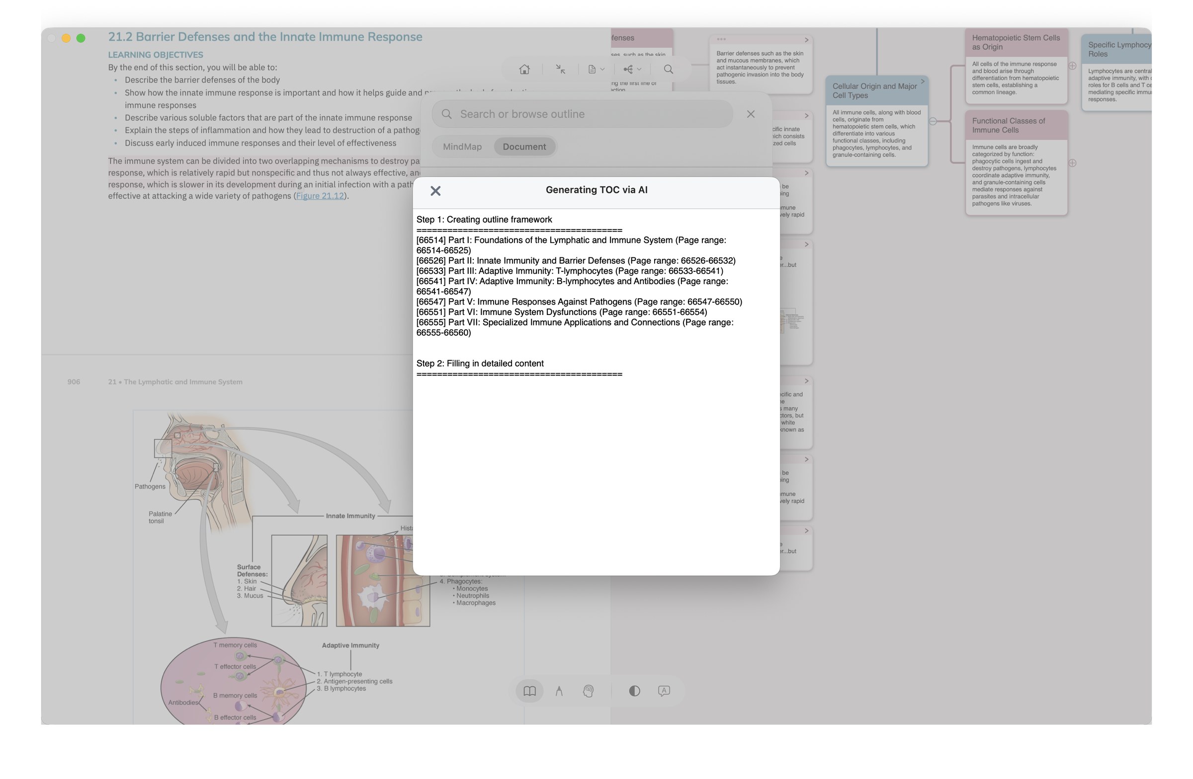 MN AI TOC generation in real use: a dialog runs in two phases — first 'Creating outline framework' to draft the skeleton, then 'Filling in detailed content'; below, each Part is listed with its page range