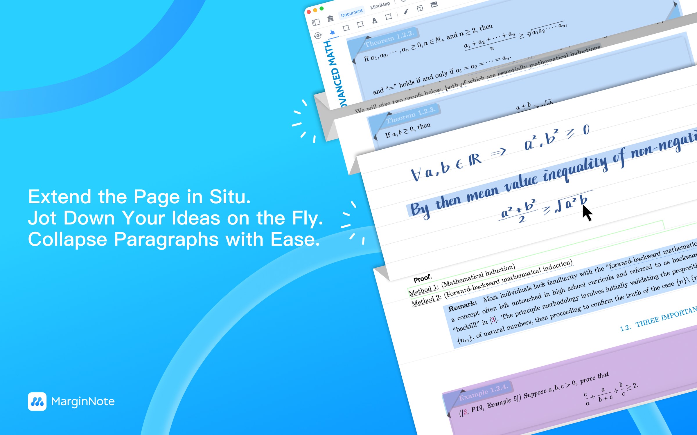 MarginNote Extended Note demo: a tightly typeset PDF math textbook splits open between paragraphs, revealing three sheets of handwritten notebook (mathematical induction proof, mean-value-inequality derivation, working scratch); blue gradient background reads "Extend the Page in Situ. Jot Down Your Ideas on the Fly. Collapse Paragraphs with Ease."