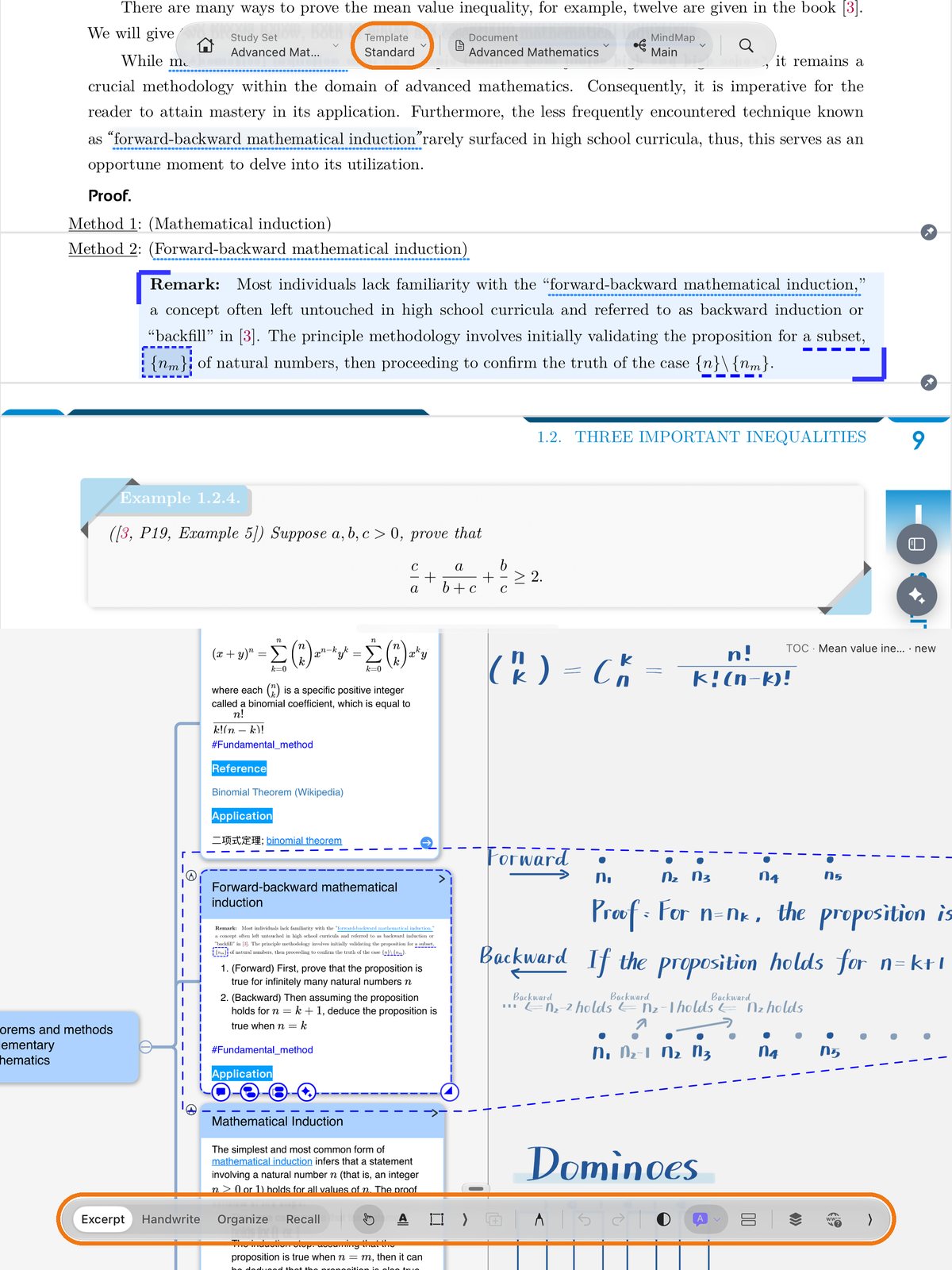 Excerpt mode: a passage selected with a blue box in the PDF and the blue card it made in the mind map