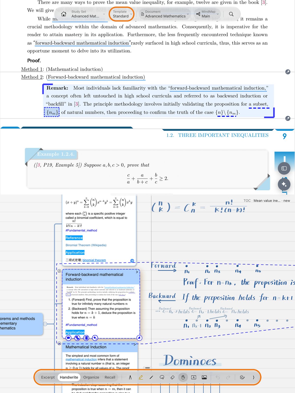 Handwrite mode: handwritten notes next to a card in the mind map