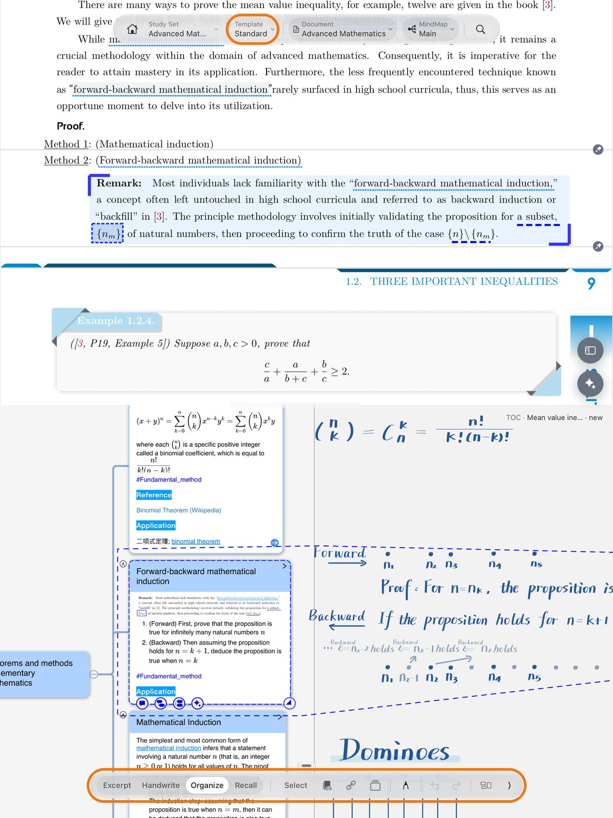 Organize mode: select, link and group cards in the mind map